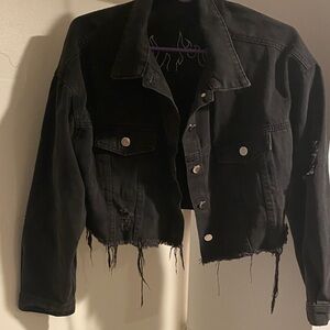 Black Distressed Cropped Jean Jacket